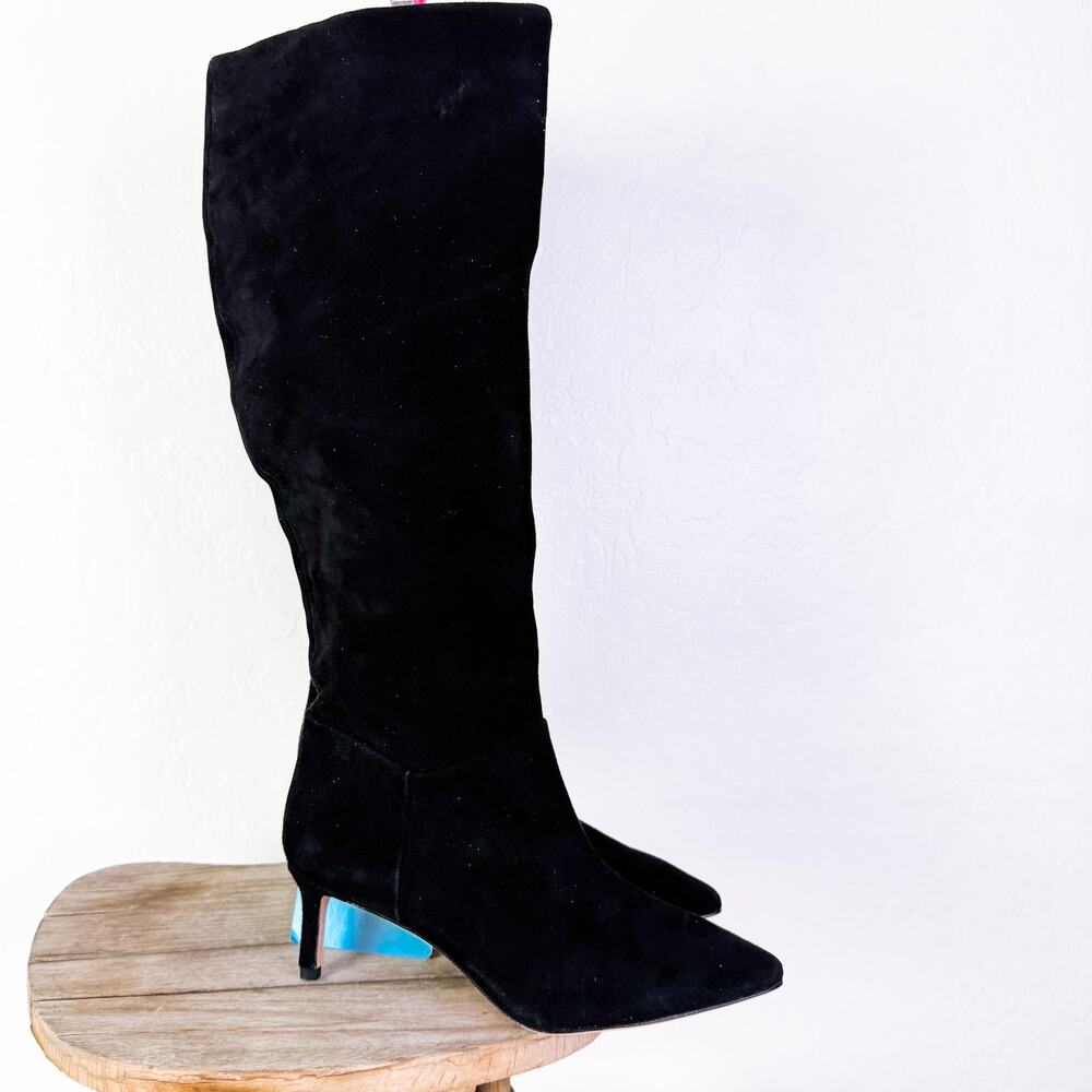 Antonio Melani Suede Leather Kitten Stiletto Heel Knee High Boots Black 5.5 NWT